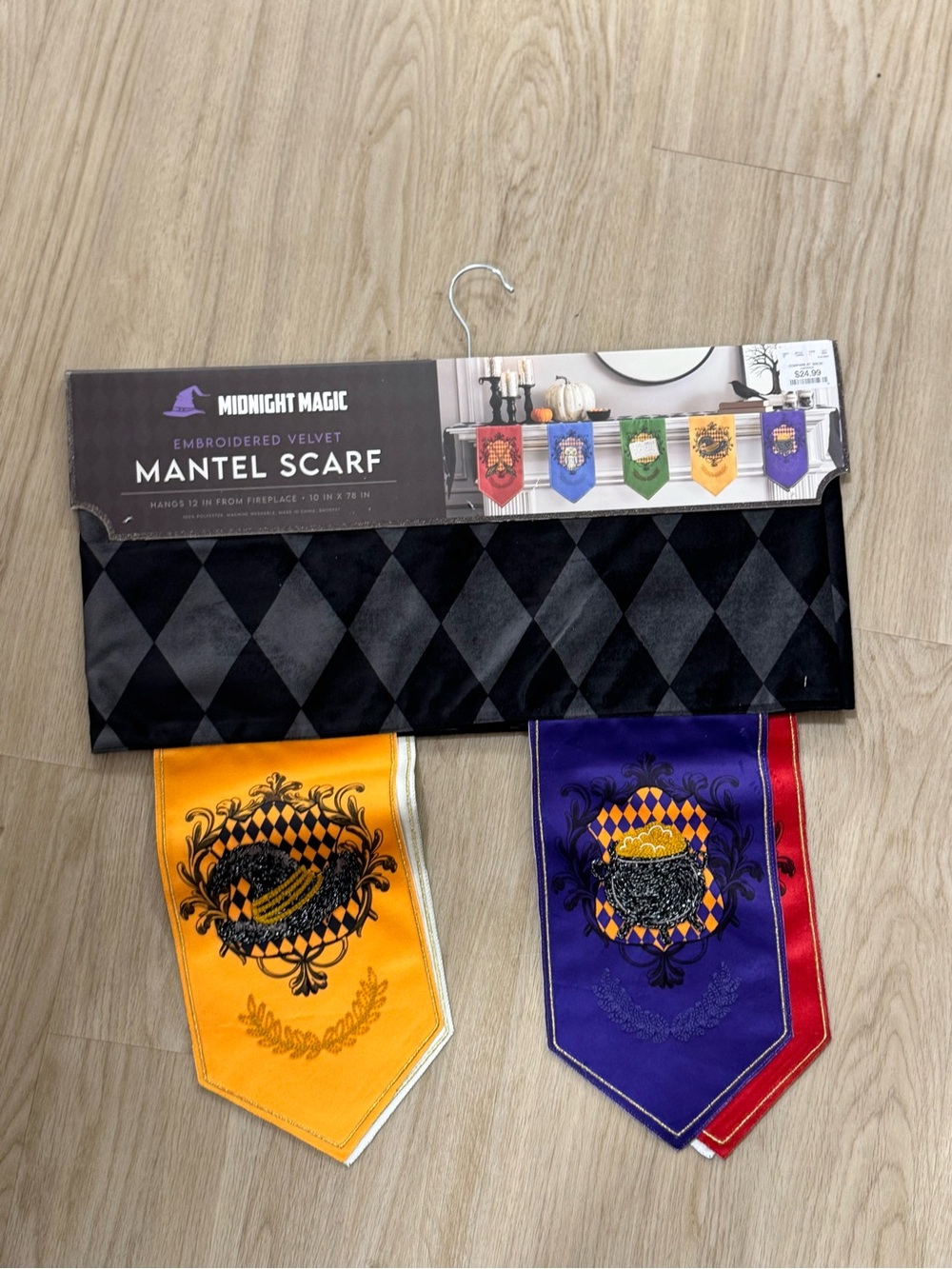 Embroidered Velvet Mantel Scarf - Black with Gold & Purple Banners